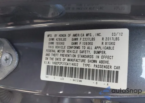 2012 Honda Accord 2.4 Lx z USA, uszkodzony, nr VIN 1HGCP2F37CA114602